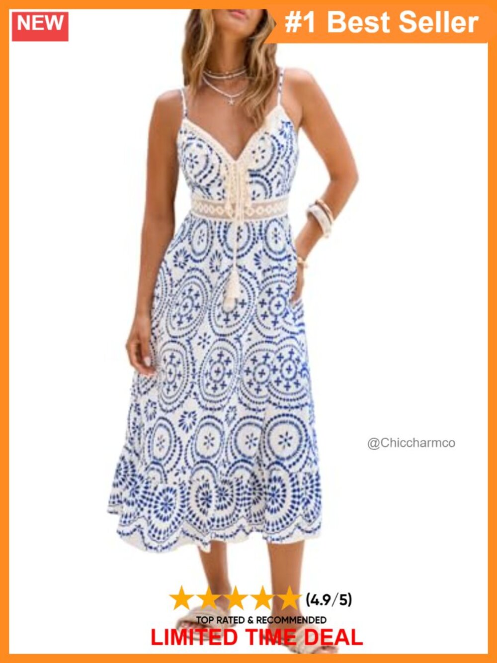 Boho Spaghetti Strap Midi Dress V-Neck Crochet Lace Trim Sundress